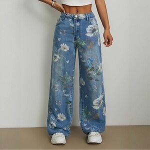 SHEIN Curve Boho Floral Printed Wide Leg Jeans High Waist Denim Size 0XL